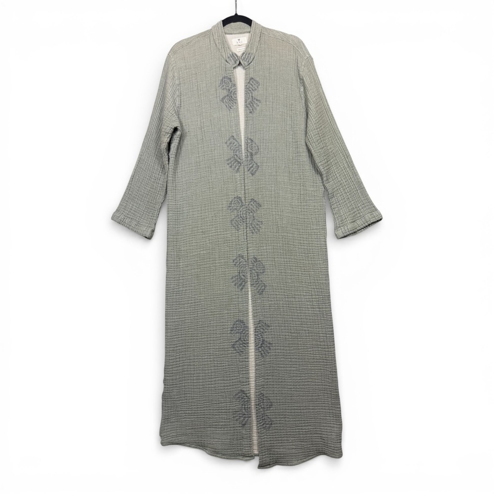 IKIKIZ Crinkle Organic Cotton Womens OS‎ Green Gray Kimono Cardigan Robe Tribal